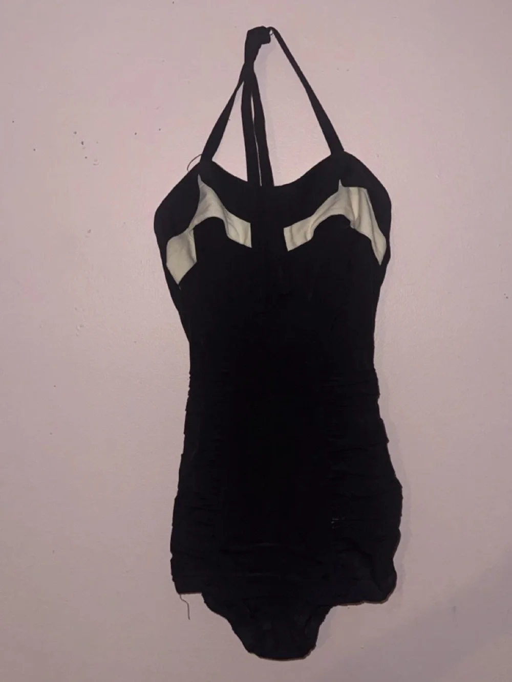 1950s Catalina Black One-Piece Halter Swimsuit with Cream Bust Accents